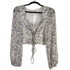 Lush Lilac Floral Lace Up Crop Top Purple White Long Sleeve Blouse Small Cottage
